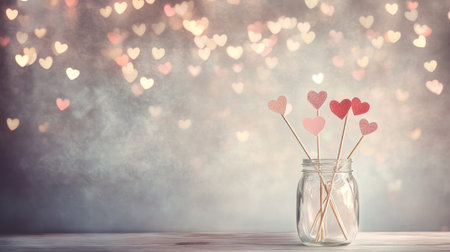 A glass jar with three wooden sticks in it, on which paper hearts of different sizes and colors are attached. The background is a light gray. There is an empty table in the foreground. White fairy lights hang from above. The composition is centered and symmetrical. --chaos 30 --ar 16:9 --v 6.1 Job ID: 673d7d51-d749-4007-a219-97d602811da9の素材