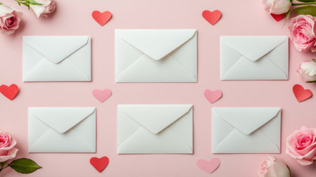 Flat lay, top-view copy space, empty middle mockup with a Valentine's Day theme. The background features a light pastel color gradient with pink roses and paper hearts scattered around the edges. White envelopes and small flowers are isolated on a flat, soft pink background, creating a minimalistic aesthetic template. High-detail, stock photo quality. --chaos 30 --ar 16:9 --v 6.1 Job ID: 47701747-bf61-481c-b89a-26c132ec5718の素材