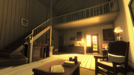 Ultra-realistic, bright interior of a large living room with modern furniture and a wooden floor in a white color. A staircase leading to the second story extends from the space. There is an open kitchen on one side. The walls feature beige-colored panels. Bright lighting accentuates the spaciousness of the environment. --chaos 30 --ar 16:9 --v 6.1 Job ID: 17d44b2e-2767-4022-86ef-35dacf313d64の素材