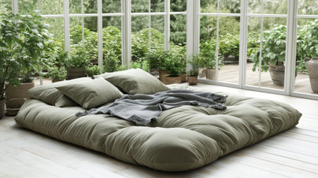 White bedroom with a double bed, a gray blanket and pillows, a wooden floor, a panoramic window overlooking the garden, white walls, and a minimalist interior design of a modern home. Panoramic windows through French doors overlooking a terrace on a sunny day. Interior rendering, 3D render. --chaos 30 --ar 16:9 --v 6.1 Job ID: 46977366-e89b-45c5-9478-9e65bac5ac90の素材