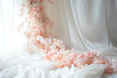 Photo backdrop for wedding photography: a large, soft pink floral garland with white tulle and curtains. --ar 3:2 --v 6.1 Job ID: edc8987b-c456-4a40-bcf5-9f3b0a6fced0の素材