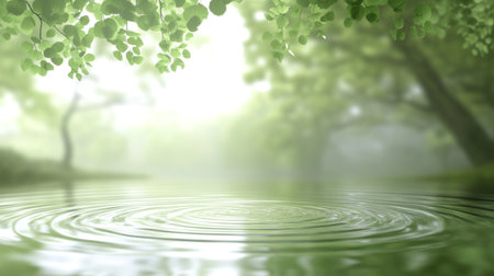 A light green background with water ripples and circles, creating an abstract pattern with circular textures. The image is captured in high resolution, showcasing the fine details of the water surface. Soft lighting adds depth to create a serene atmosphere. This design could be used for backgrounds or texture effects on social media images, creating a calming effect. --chaos 30 --ar 16:9 --v 6.1 Job ID: 2f6b7dac-d1a0-42a6-add9-730d0b69114dの素材