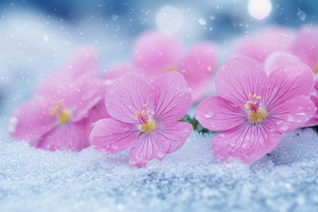 Pink flowers in the snow, a fantastical scene with a pink and blue background, beautiful and dreamlike, with delicate and soft colors, a shallow depth of field effect, a blurred foreground, a close-up view of blooming flowers, a delicate texture, soft light, and a romantic atmosphere. --ar 3:2 --v 6.1 Job ID: f041d1d2-8621-49b9-8299-b30eb5ab6636の素材