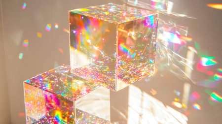 Macro photograph of rainbow light rays and iridescent effects on a white background, ethereal and dreamy in appearance, with iridescence and opalescence, a holographic or hologram-like effect, and rainbow prism lighting reflections against a white wall. High resolution. --chaos 30 --ar 16:9 --v 6.1 Job ID: f74e3f1c-df4b-45e3-99b5-5f2254f28b7eの素材