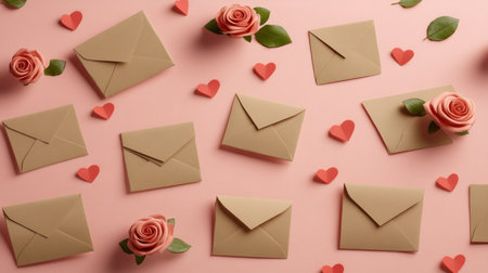 Flat lay of a light pink background with paper envelopes, roses, and hearts scattered around the edges. --chaos 30 --ar 16:9 --v 6.1 Job ID: 505958c2-88b1-4b13-b98a-e8b961a57668の素材
