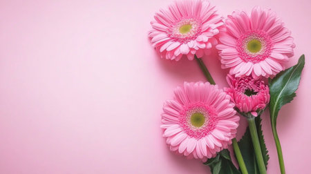 Pink gerbera flower on a pink background with copy space for text, close-up. Banner design. --chaos 30 --ar 16:9 --v 6.1 Job ID: b087f04a-f18c-4e49-9a8c-5135b9fcd3a3の素材