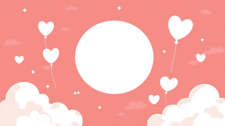 Cute pink background with white clouds and hearts for a Valentine's Day celebration, a white circle in the center of the frame, vector illustration, flat design, simple shapes, a pink color palette, white heart-shaped balloons flying around, pastel colors, a cute and romantic style, no text or letters, suitable for digital art graphic design, flat design vector, digital artwork, vector graphics, vector illustrations. --chaos 30 --ar 16:9 --v 6.1 Job ID: ce969827-8ffa-402b-8778-dfd87bf3db2eの素材