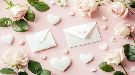 Flat lay of a pink background with Valentine's Day hearts, roses, and envelopes, in a pastel color palette, minimalistic, flat lay photography, minimalist, mockup design, stock photo, high resolution, boho style. --chaos 30 --ar 16:9 --v 6.1 Job ID: 6bd33ad9-f569-40a9-8649-a8d41c89b218の素材