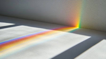 Close-up of the prism's reflection on white paper, with a rainbow effect, set against a clean background. The focus is sharp and clear, highlighting both light rays as they rest on the surface of an angled surface. This composition creates a sense of depth in space by adding color to its surroundings. The image should convey simplicity and clarity in design while maintaining visual appeal. High resolution. White background. --chaos 30 --ar 16:9 --v 6.1 Job ID: d4ec3fbb-3ccf-40ed-864d-b526162730aaの素材