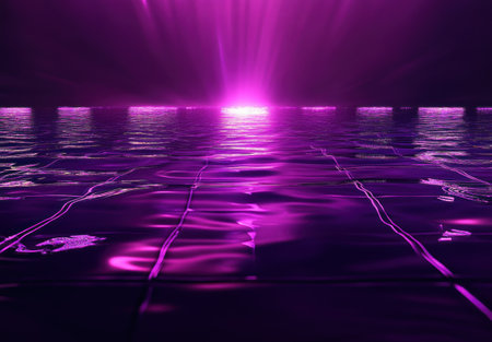 Neon purple grid on a black background, with water ripples and reflections, in the style of vaporwave, synthwave, retrofuturism, and retrowave digital art. --ar 22:15 --v 6.1 Job ID: 4f7262eb-ac1e-424d-a761-32c08c44a7feの素材