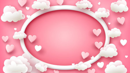Cute pink background with white clouds and hearts, pink background for Valentine's Day, with a large empty space in the center of an oval shape, vector illustration, flat design, pastel colors, cute style, simple shapes, cute cartoon heart decoration, white cloud pattern, pink color palette, romantic atmosphere. --chaos 30 --ar 16:9 --v 6.1 Job ID: d4c11aa5-9fdb-45ce-909d-d929ba89ce96の素材