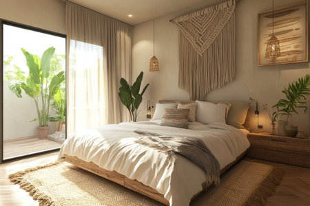 A boho-style bedroom with macrame hanging on the wall above the bed, a beige and white color scheme, a wooden floor, natural light from the window, a plant in the corner of the room, a cozy atmosphere, bohemian-inspired decor elements, and a simple yet elegant interior design. --ar 3:2 --v 6.1 Job ID: ba230e3e-b73c-496e-872b-cb142dd7d552の素材