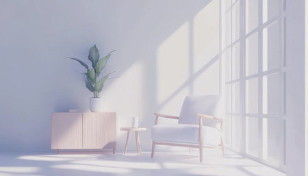 Minimalist white living room interior with an armchair, coffee table, and potted plant on a wooden cabinet near a window. This is a 3D rendering of a modern home design mockup background template for presentation. The scene features a simple, empty wall in neutral tones. --ar 79:45 --v 6.1 Job ID: 5ff74d9e-02f9-4431-8e1b-9578c6cf75a4の素材