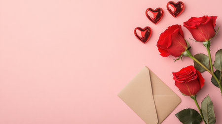 Flat lay of a pink background with Valentine's Day hearts, roses, and envelopes, in a pastel color palette, minimalistic, flat lay photography, minimalist, mockup design, stock photo, high resolution, boho style. --chaos 30 --ar 16:9 --v 6.1 Job ID: 6bd33ad9-f569-40a9-8649-a8d41c89b218の素材