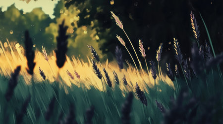 A blurred, bokeh-filled purple lavender field with a shallow depth of field, showcasing the vibrant purple tones in a vintage-inspired style. The image features a green background, captured through the lens of macro photography at an aperture of f/20. --chaos 30 --ar 16:9 --v 6.1 Job ID: 7b08caa2-27cc-4c08-a999-8f9f55e2f63bの素材