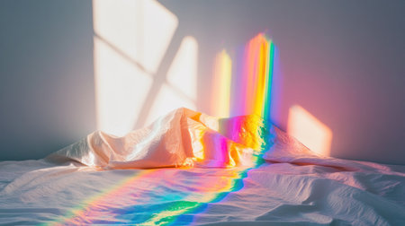 Holographic light on a white background, with rainbow reflections and a prism effect. Soft edges, minimalist, neutral, and transparent. --chaos 30 --ar 16:9 --v 6.1 Job ID: 7b36ede3-daa6-4047-a647-ced0bed9abf7の素材