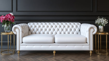 Photorealistic, simple yet elegant white leather sofa with brass legs in the center of the room, grey walls, coffee tables on each side of the couch, a simple flower vase on one end table, a minimalist interior design style, a wide-angle shot, high-resolution photography, insanely detailed, fine details, an isolated plain background, stock photo realism, sharp focus, 20 megapixels, in the style of a professional photographer. --chaos 30 --ar 16:9 --v 6.1 Job ID: 2fa0c8c4-518c-491b-b4d6-38f43f1e5167の素材
