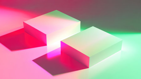 Photograph of two blank business cards stacked on top of each other, featuring a pink and green color palette, with a play of shadows, a clean background, and a minimalist style. --chaos 30 --ar 16:9 --v 6.1 Job ID: 39d405d6-c0c9-4809-b609-4e73753c9cfeの素材