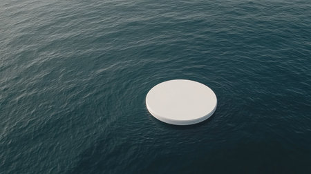 Photo of a white circle on blue water, top view with ripples. Web banner with copy space on the right. --chaos 30 --ar 16:9 --v 6.1 Job ID: a53b9cda-2cb2-4b78-8928-e3e916ae4376の素材