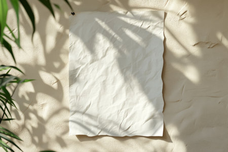 Photo of a blank white poster mockup on an abstract background with shadow and light, showcasing the texture and shape of the paper. The poster is centered against a soft pastel beige wall with subtle floral shadows cast by nearby plants. --ar 3:2 --v 6.1 Job ID: e0c5c61f-4a8f-4148-8de7-3e91b39cff4aの素材