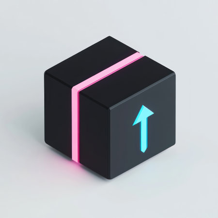 Isometric black cube with pink and blue arrows, white background, simple design, minimalist style, 3D render, Octane render, C4D, Blender, high resolution. --v 6.1 Job ID: 2b8fc1a2-07ca-4c38-b5c9-0358799a7d5bの素材