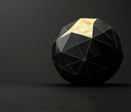 Low-poly black and gold geometric sphere, dark background, 3D render, created in Cinema 4D and Blender. --ar 7:6 --v 6.1 Job ID: e85e0899-082e-447a-8f95-3a5de61927dcの素材