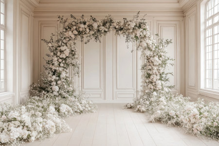 White floral arch wall backdrop for photography, large flowers on the floor, cream wooden paneled walls, floor-to-ceiling windows on one side, elegant and timeless style, photorealistic, highly detailed photo. --ar 3:2 --v 6.1 Job ID: 2fd72ca2-5aae-4b8f-8b15-e171775e19c2の素材