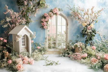 A wall backdrop for photography, with soft blue and pink colors, featuring a fairy garden theme. The backdrop includes small white wooden arches, rose garlands, green plants, and soft, fluffy flowers on the floor, as well as a small wooden house. --ar 3:2 --v 6.1 Job ID: 77580c41-3a62-45f9-8d57-25ed54c67e70の素材