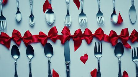 Valentine's Day concept, silverware and cutlery with red ribbon on a white background. High-quality photo, high resolution. --chaos 30 --ar 16:9 --v 6.1 Job ID: d00a4b38-8701-418f-8685-397bdd3bc743の素材