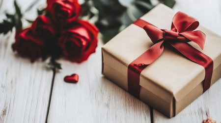 Red roses and a gift box on a white wooden background, with space for a Valentine's Day or Mother's Day greeting card. A bouquet of red roses with a red ribbon bow and a square present box on an old wood table, in a flat lay arrangement. High-quality photo. Hyper-realistic photography. --chaos 30 --ar 16:9 --v 6.1 Job ID: edeb501a-13f0-4704-8946-ac3c073ba2b6の素材