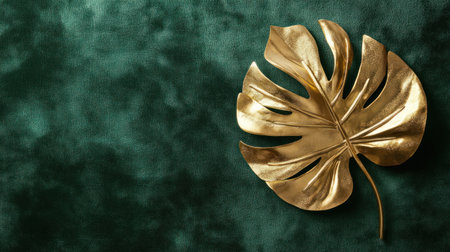 Photo of a gold palm leaf on a green velvet background, with space for text. Web banner with copy space on the right. --chaos 30 --ar 16:9 --v 6.1 Job ID: 9812c1fe-4e6c-421b-9491-d09c7f105551の素材