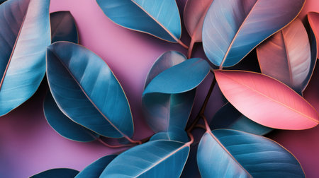 A vibrant blue and pink gradient background with tropical leaves at the bottom, creating an exotic atmosphere for design projects. --chaos 30 --ar 16:9 --v 6.1 Job ID: f19266f7-dd04-430b-ae6d-0df445948ea6の素材