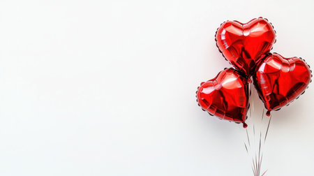 Red heart-shaped balloons isolated on a white background, a Valentine's Day concept, in a flat lay composition, shot with a wide-angle lens using a Sony Alpha A7 III camera. --chaos 30 --ar 16:9 --v 6.1 Job ID: ec79368f-90b4-465c-af1c-f16d6b225ae2の素材