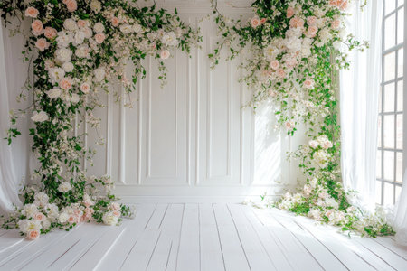 White Floral Wall Backdrop for Photography, White Room Photo Background with Flowers and vines on the sides --ar 3:2 --v 6.1 Job ID: bd096b2e-fd47-4a12-b95d-f4d0c8a47616の素材