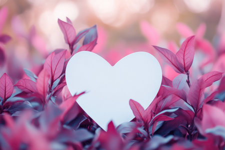 A white heart-shaped card in the center of an out-of-focus pink bush with purple leaves. The background is blurred, creating space for text or images. This romantic and colorful design perfectly sets a warm atmosphere for Valentine's Day. White blank paper cards. --ar 3:2 --v 6.1 Job ID: 6af247e0-61b5-4110-978c-06071ad7ccf6の素材