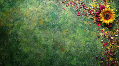 Vibrant sunflowers and colorful wildflowers on a green background with copy space, suitable for a banner design. Autumnal floral composition. Top view. Flat lay. --chaos 30 --ar 16:9 --v 6.1 Job ID: 1235a587-4873-4377-934f-57685951ea54の素材