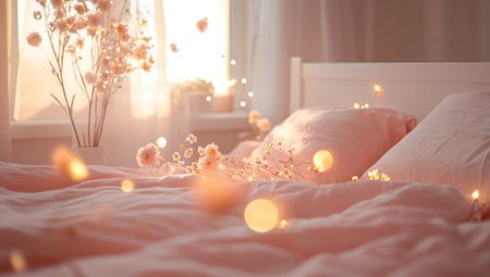 The pink bed is decorated with delicate flowers, and the white headboard displays many small lights. The warm light shines on it through the window, creating an atmosphere of romantic and dreamy scenes. This photo was taken using a Canon camera to capture high-definition details. --ar 53:30 --v 6.1 Job ID: 3c1cd195-2229-4f7d-8acf-0fd5dacbd51cの素材