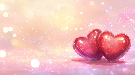 Two red hearts on a pink glittery background with bokeh lights, creating a romantic love concept for a Valentine's Day banner. --chaos 30 --ar 16:9 --v 6.1 Job ID: 8a94c0ad-8ab2-4947-936e-10614f38b6e8の素材