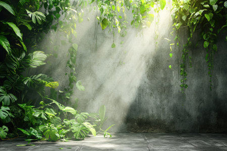 Wall with jungle plants and vines, floor in front of the wall, misty light rays, fantasy scene background, hyper-realistic photography. --ar 3:2 --v 6.1 Job ID: 3a3340e3-3b5c-47f6-8cbd-7e5abecc2737の素材