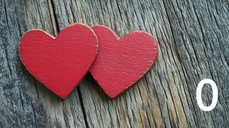 Two red hearts interlocked on a wooden background, with a wide banner and copy space area for a Valentine's message. The colors are white and gray, with a wood grain texture. High-resolution photography. --chaos 30 --ar 16:9 --v 6.1 Job ID: 701d6c93-9e2e-4c8d-9bd1-9374319dcbf8の素材