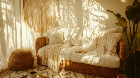 A sunny wicker armchair with white cushions, a beige blanket, and some pillows on it in the living room. A tray of coffee stands nearby. Macrame hangs from above, and plants bask in the sunlight that falls through the window, creating beautiful shadows on the wall. High-angle view, photography. --chaos 30 --ar 16:9 --v 6.1 Job ID: 0f8dc6d1-bf39-41bf-a840-006d1cf27c12の素材