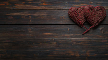 Two red hearts intertwined on a wooden background, a romantic concept for Valentine's Day or a love-themed banner with a copy space area, in a wide panorama. --chaos 30 --ar 16:9 --v 6.1 Job ID: a0086e17-bf56-491e-b17c-5536a5abb674の素材