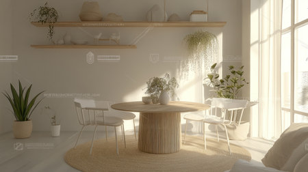 White room with a wooden shelf, white chairs, and a round table surrounded by plants on the floor in a living room interior with a jute rug. --chaos 30 --ar 16:9 --v 6.1 Job ID: 638d31a2-e030-4719-94a4-2a4818e10bb5の素材