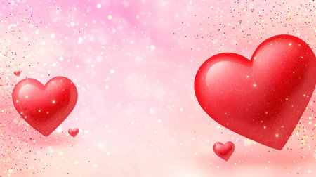 Two red hearts on a pink glitter background with many small heart-shaped bokeh lights, a Valentine's Day concept banner design. --chaos 30 --ar 16:9 --v 6.1 Job ID: de9538b7-5d58-4e9a-b22b-ea554f125456の素材