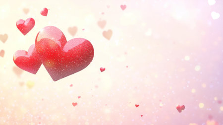 Two red hearts on a pink glitter background with many small heart-shaped bokeh lights, a Valentine's Day banner template design with copy space for text. The image has bright lighting and soft color blending. --chaos 30 --ar 16:9 --v 6.1 Job ID: f4af1620-45d2-4443-935b-1c696d64e5bcの素材
