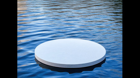 White circle on a blue water background with ripples and reflections, top view. Water concept for product presentation mockup. Photo taken with an EOS R5 at f/20. --chaos 30 --ar 16:9 --v 6.1 Job ID: a0bc6ce6-64c3-4d88-81dd-99ef5f0ab79eの素材