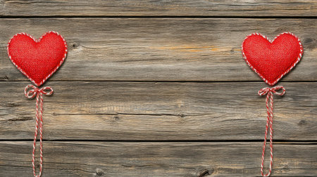 Two red hearts intertwined on a wooden background, a love concept banner for Valentine's Day or a wedding ceremony. High-resolution, detailed photograph of two red hearts interlocked on a wooden table, a romantic concept. --chaos 30 --ar 16:9 --v 6.1 Job ID: b24b3ccf-2f09-4dd7-ba76-f48a46c8a19bの素材