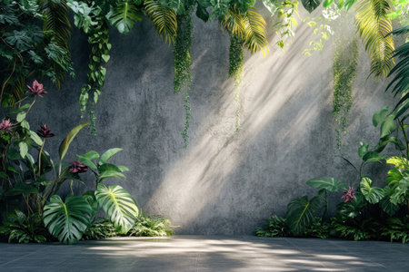Wall with jungle plants and vines, floor in front of the wall, misty light rays, fantasy scene background, hyper-realistic photography. --ar 3:2 --v 6.1 Job ID: 3a3340e3-3b5c-47f6-8cbd-7e5abecc2737の素材
