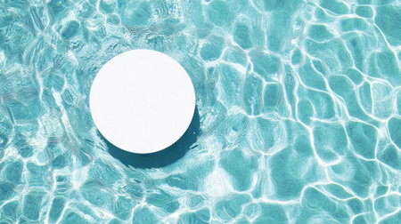 White circle on a blue water background with ripples and reflections, top view. Water concept for product presentation mockup. Photo taken with an EOS R5 at f/20. --chaos 30 --ar 16:9 --v 6.1 Job ID: a0bc6ce6-64c3-4d88-81dd-99ef5f0ab79eの素材