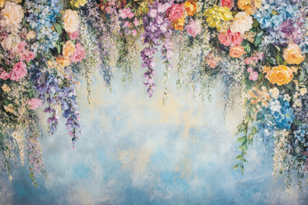 A vintage oil painting backdrop, adorned with lush floral arrangements and an ethereal atmosphere. The backdrop features delicate pastel hues of blue, pink, green, yellow, orange, red, and purple, creating a dreamy ambiance that evokes the beauty found in nature's landscapes. This exquisite backdrop captures intricate details, offering a sense of enchantment for various photography projects. --ar 3:2 --v 6.1 Job ID: be176684-52b4-4fc2-b169-49549e502f23の素材